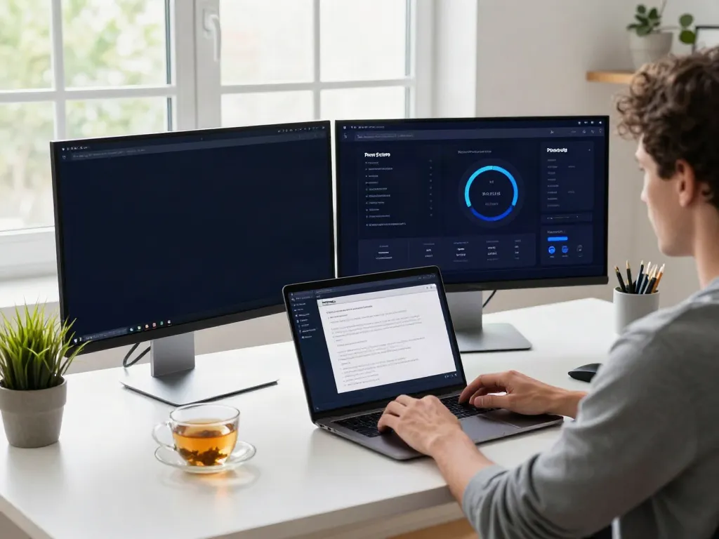 Focused individual using brave浏览器 on a laptop in a modern workspace, highlighting digital privacy.