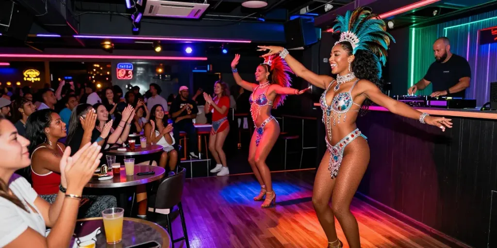 Miami strippers entertaining a lively audience in a vibrant nightlife setting
