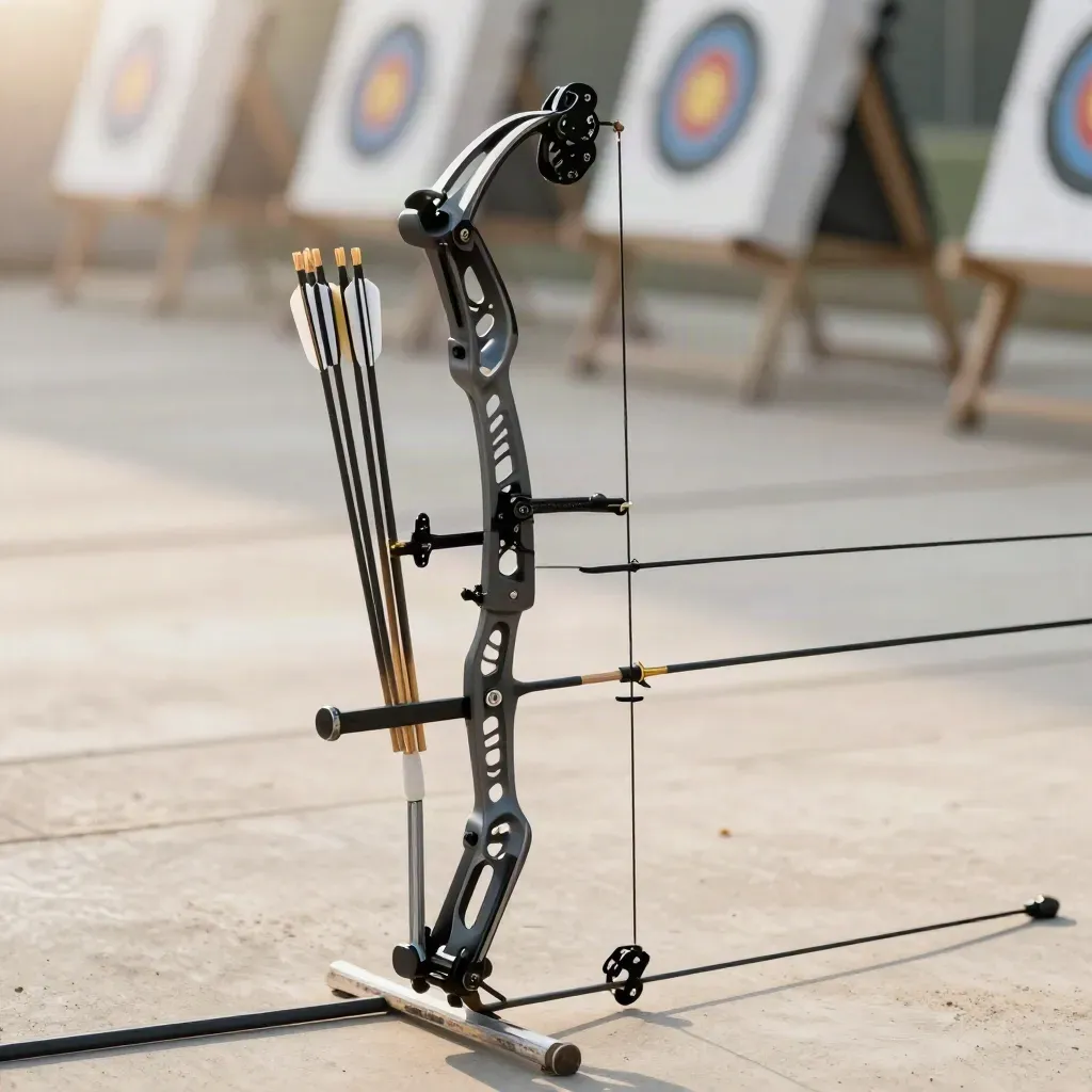 Repaired compound bow with fresh rest before a target butt and tight arrow cluster