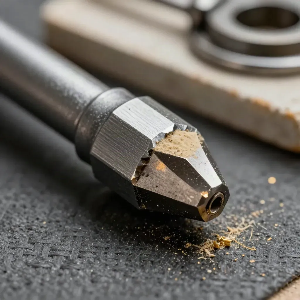 Macro of archery tools on a worn service mat with brass shavings