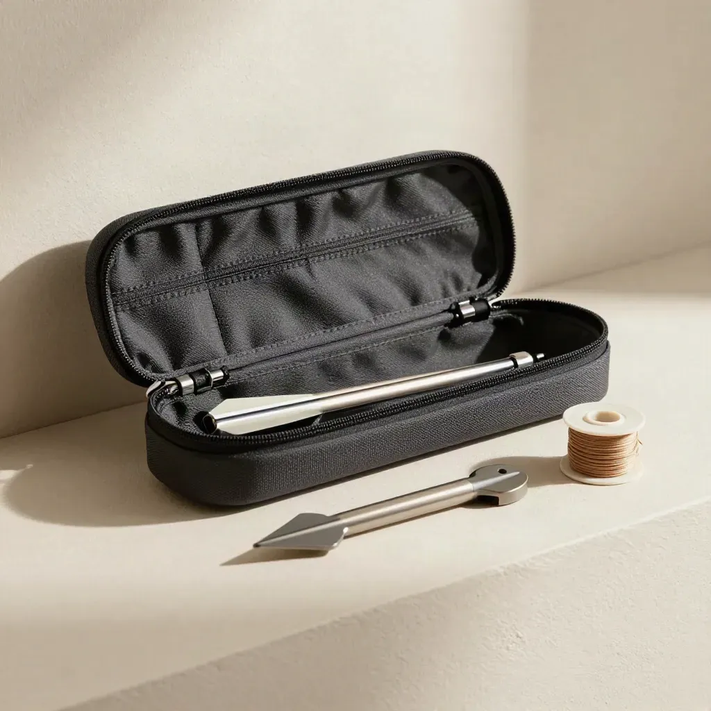 Open charcoal bow case beside arrow tube, string spool, and broadhead cap on pale plaster.
