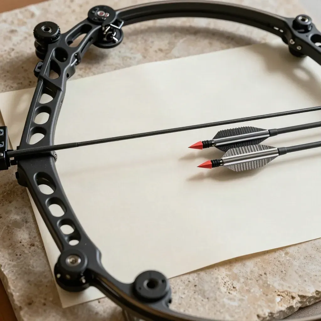Overhead compound bow press with tuning paper and aligned arrows on limestone.