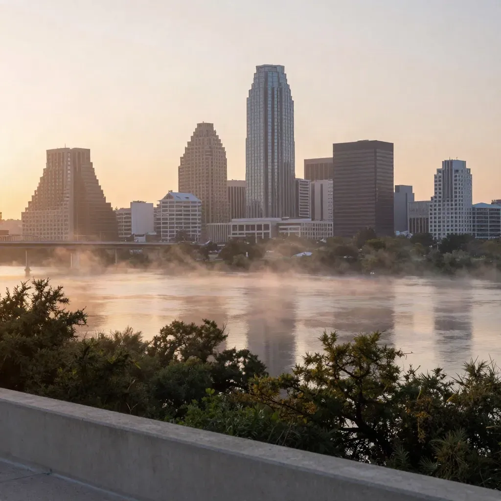 Austin skyline at dawn above Lady Bird Lake, misty riverbank and sunrise haze